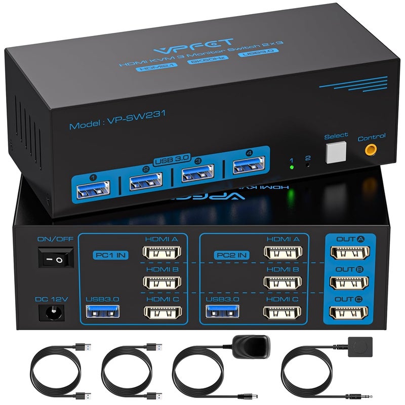 CMSTEDCD 8K@60Hz HDMI KVM Switch 3 Monitors 2 Computers 4K@120Hz USB 3.0 KVM Switches for 2 PC Share Triple Monitor and 4 USB Ports Supports Extended&Duplicate Mode.Wired Controller DC 12V/1A Adapter Included - Image 1